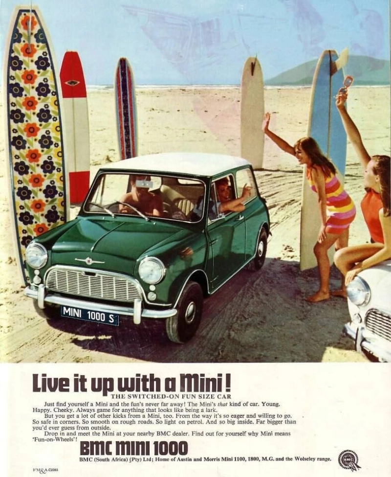 Mini Cooper vintage auto ad; Live it up with a Mini Mini Cooper vintage auto ad; Live it up with a Mini
